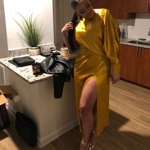 Yellow satin one sleeve long dress